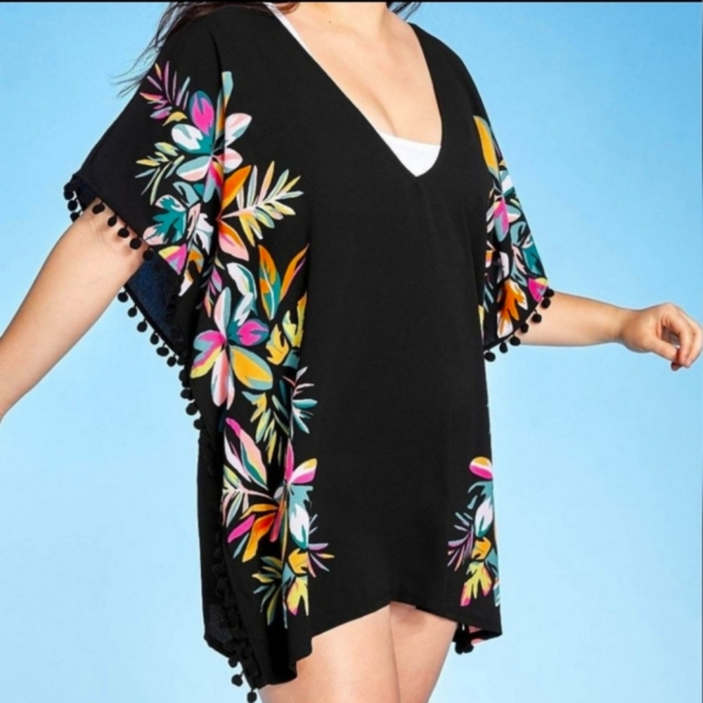Xhilaration black neon flowers pom pom trim kaftan swimsuit coverup S-1X NWT